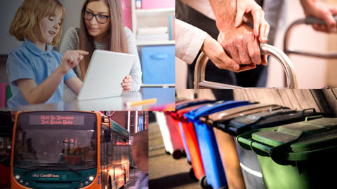 Images of examples of council services - a teacher with a primary school pupil looking at a computer laptop computer, a bus, bins and the hands of an elderly person being helped with their walking aid.