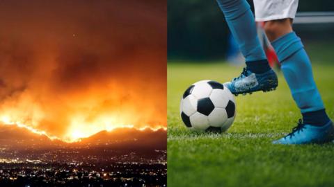 Two images: a wildfire, and a footballer's feet, legs and a football