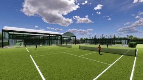 A CGI of the proposed padel courts with the new covers, as well as the grassy tennis courts.