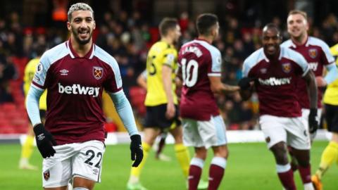 Said Benrahma of West Ham United celebrates after scoring against Watford