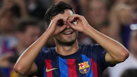Pedri celebrates scoring for Barcelona against Celta Vigo in La Liga