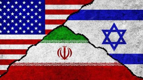 USA, Iran and Israel flags split into three