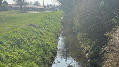 A water-filled ditch by the side of a grassy bank in a neighbourhood. In the distance you can see residential bungalows and cars.
