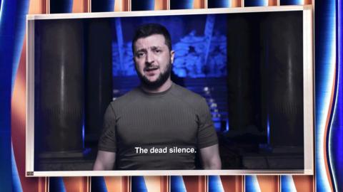 Ukraine's President Volodymyr Zelensky speaks on screen during the 64th Annual Grammy Awards at MGM Grand Garden Arena on 3 April 2022 in Las Vegas, Nevada