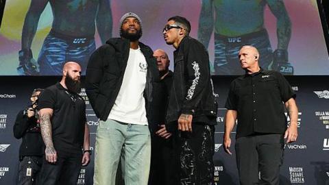 Leon Edwards looks on as Carlos Prates stares at him