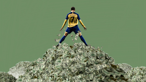 A created image of Ronaldo doing his famous celebration on top of a mountain of money.
