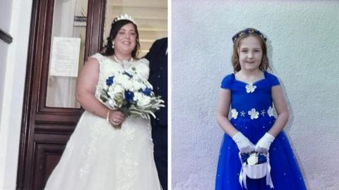 A composite image of Natalie McDonald and Valentina Foster. McDonald is wearing a white wedding dress with a tiara perched on her head. She has long dark hair and is holding a bouquet of white roses with four blue ones dotted within it. Valentina wears an electric blue dress with white flowers on the neckline and waist. She has long light brown hair with a blue and white headband. She is holding a small white basket with white and blue roses and she wears white gloves. 