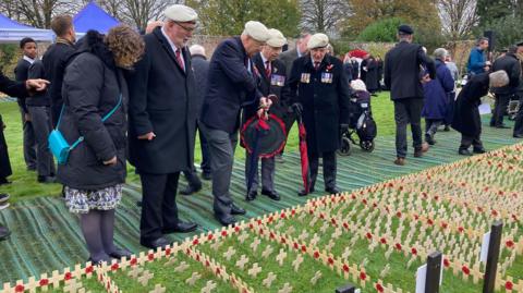 A crowd of people, largely composed of older men wearing suits with army medals on the breast, gaze upon rows of Remembrance crosses in a park