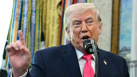 US President Donald Trump speaks into a microphone from the Oval Office. Photo: 24 March 2026. 