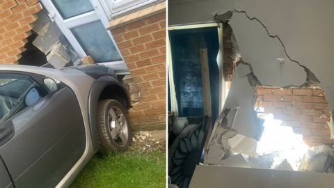 A composite of the damage the car did to the house. On the left, a small grey car has broken a hole in the brick exterior and pushed the white patio door off its hinges. On the right, the interior of the house shows the white plaster has been cracked and damaged. A shelf has fallen to the floor. The patio door had a blue curtain pulled down.