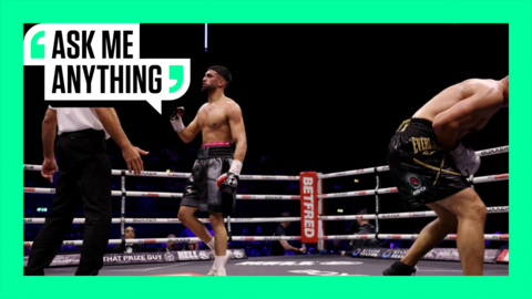 The Referee speaks with Adam Azim after a low-blow on Sergey Lipinets 