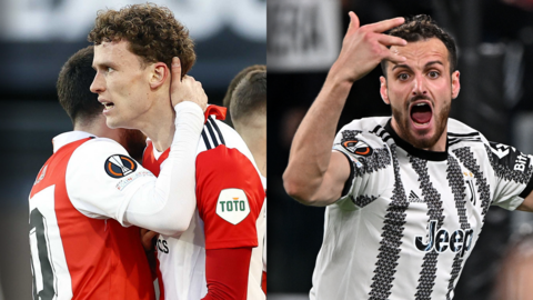 A split image showing Mats Wieffer of Feyenoord celebrating scoring against Roma in the Europa League and Juventus' Federico Gatti celebrating his goal against Sporting Lisbon