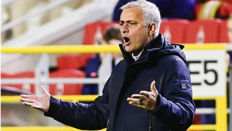 Tottenham boss Jose Mourinho reacts during his side's Europa League group defeat to Royal Antwerp