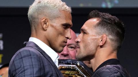 Charles Oliveira and Michael Chandler at the pre-fight press conference for UFC 262