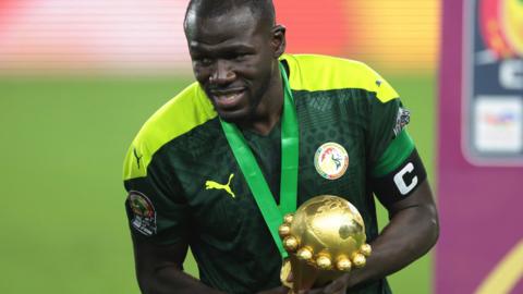 Kalidou Koulibaly with the Africa Cup of Nations trophy