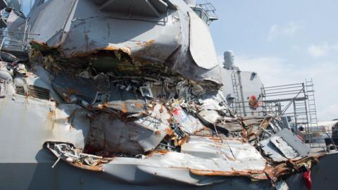 Guided-missile destroyer USS Fitzgerald undergoes repairs at Yokosuka after its June 17 collision with a merchant vessel