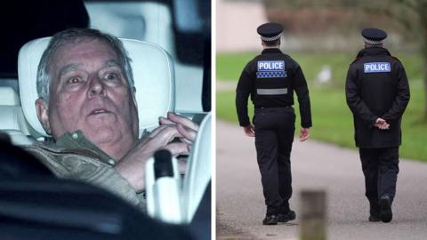 Andrew Mountbatten-Windsor is seen slouched in his car and police officers are seen beside him in composite.