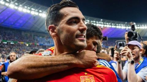 Mikel Merino celebrates after winning Euro 2024 with Spain