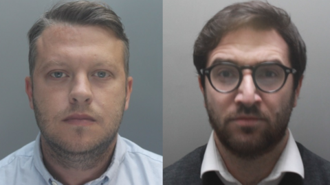 A composite of James Johnson and Louis James. James has short dark hair swept over, and is wearing a light shirt. Louis has dark hair and is wearing glasses, and a white shirt under a dark jumper.