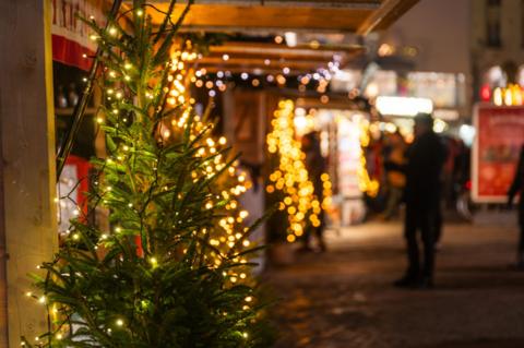 Christmas lights glistening in a street.