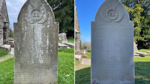 Two photos of the same headstone, before and after the restoration. The first photo shows pointed headstone was previously grey and partially covered in white lichen. The photo on the right shows it gleaming white and the lengthy inscription appears much clearer, although the words are too small to read in the photograph. At the top of the stone is a carving of a wreath with two flags either side. At the centre of the wreath are the letters XL - representing 40 in Roman numerals.