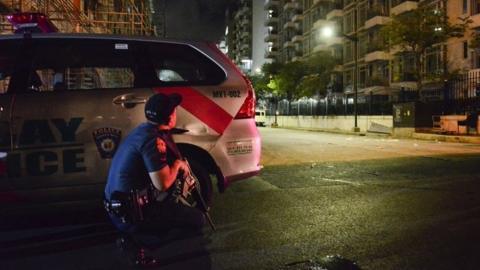 A Filipino policeman takes position outside the Resort World Manila hotel in Pasay city, south of Manila, Philippines, 02 June 2017.