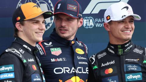 Oscar Piastri, Max Verstappen and Lando Norris - the top three - pose for pictures after qualifying for the British Grand Prix at Silverstone