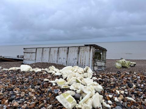 Container on the shore with debris in front of it