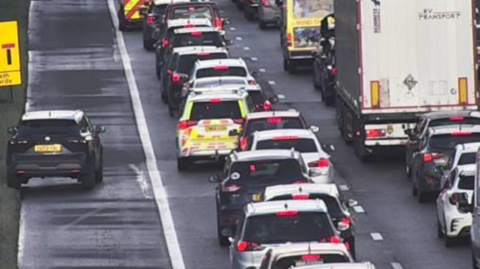 Traffic queuing on the M4 eastbound at High Cross East on Sunday afternoon