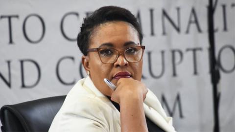 Brigadier Rachel Matjeng, wearing glasses and in a cream blazer, testifies at Madlanga Commission in Pretoria on 6 February 2026.