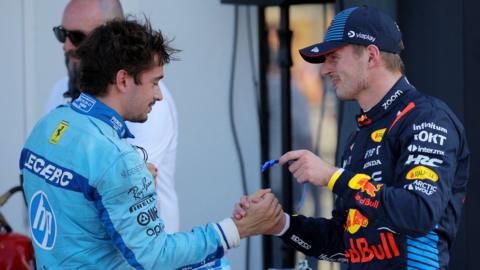 Max Verstappen and Charles Leclerc shake hands after Miami GP qualifying