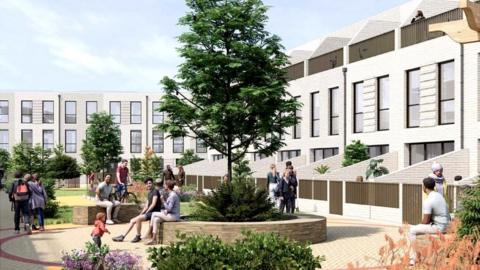 Computer generated image of what Cheltenham North Place will look like. There are modern buildings with big windows with a green space in the middle and lots of people around