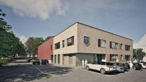 An artist's impression of a two-storey school block with a crest on the wall
