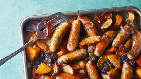 Sausage, squash and apple traybake