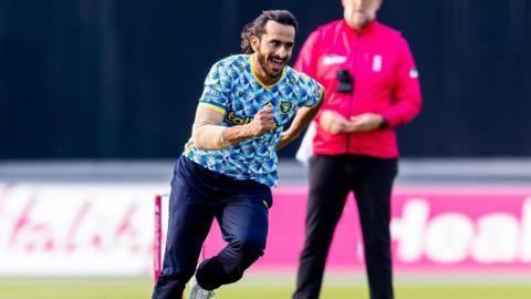 Bears pace bowler Hasan Ali celebrates taking a hat-trick against Derbyshire