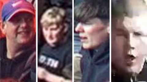 A split image of the four men police would like to speak to. 
The first man is wearing a blue and red baseball cap and black jacket. 
The second is wearing a black t shirt with white text. 
The third is in a black jacket. 
The fourth photo shows a man with a shaved head and open mouth.