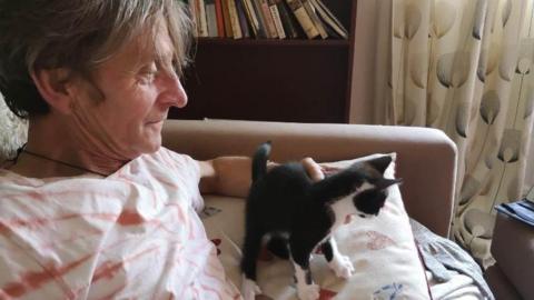 Stewart Holmes sits on a sofa with a kitten, in front of a bookshelf.