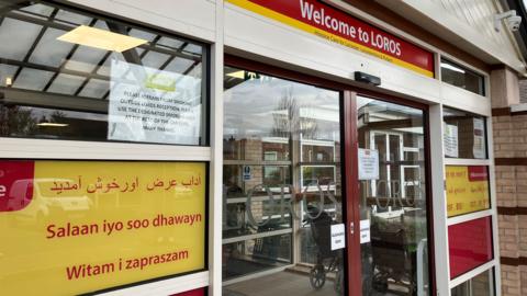 Entrance of the main building of Loros Hospice in Leicester.