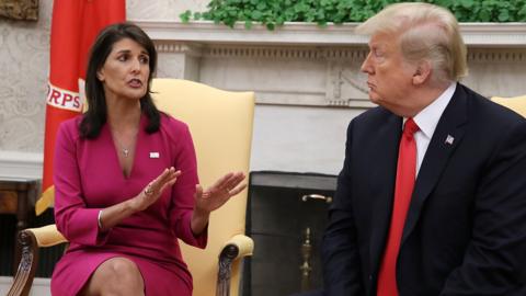 US President Donald Trump and Nikki Haley in the Oval Office on 9 October 2018 in Washington, DC