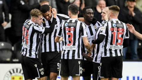 St Mirren's Mikael Mandron celebrates scoring to make it 1-0 with his teammates during a cinch Premiership match between St Mirren and St Johnstone at the SMiSA Stadium, on February 24, 2024, in Paisley, Scotland.