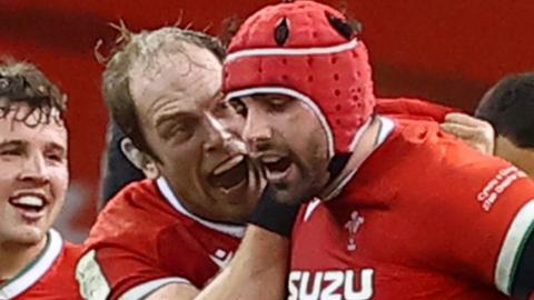 Cory Hill celebrates with Alun Wyn Jones