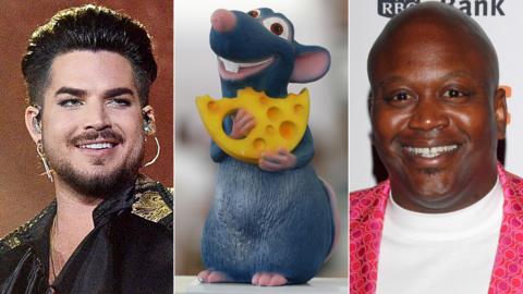 Adam Lambert (left), Remy from Ratatouille and Tituss Burgess (right)