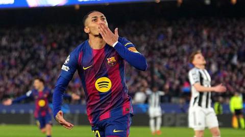 Raphinha celebrates after scoring for Barcelona against Newcastle United at the Nou Camp on 18 March, 2026