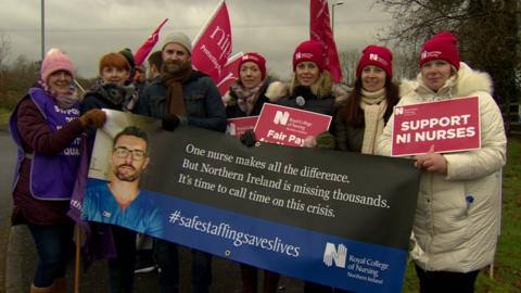 Health care workers on strike at Antrim Area Hospital