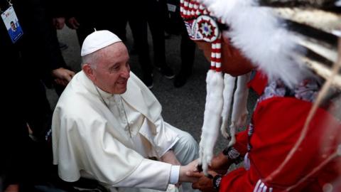 Pope Francis is welcomed after arriving at Edmonton International Airport, near Edmonton, Alberta, Canada, 24 July 2022