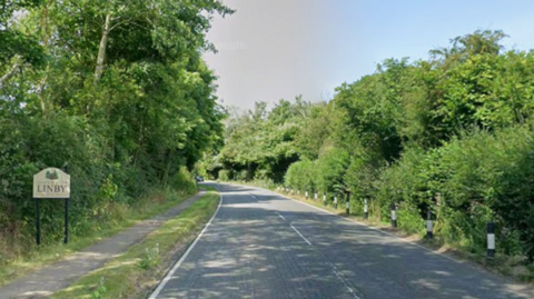 Street view of Linby Lane, in Nottinghamshire, with a sign of Linby village on the left and shrubs on either side of the road.
