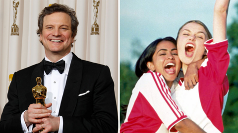 Graphic showing Colin Firth with an Oscar and a still from Bend it like Beckham featuring Jesminder and Jules