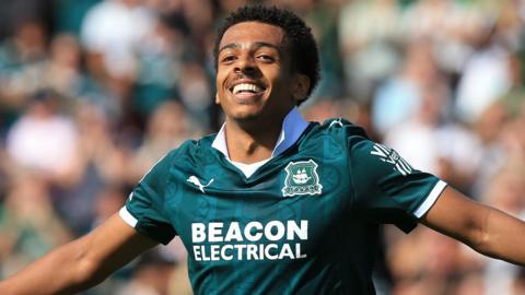 Caleb Watts celebrates scoring for Plymouth Argyle