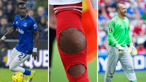 A split showing tights, holes in socks and tracksuit bottoms