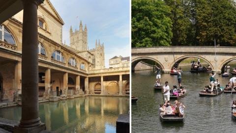 A composite image. On the left, the Roman Baths in Bath. The image shows the green-tinged water and stone pillars of the Baths, with visitors walking around a mezzanine-style walkway, or standing beside the water itself. On the right is a river in Cambridge with boats on it.